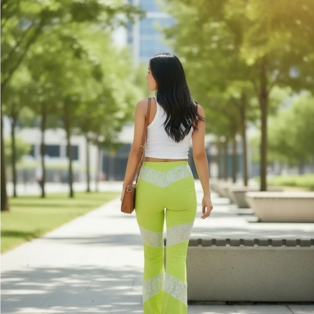 Lace-Trimmed Lime Green Flare Pants - Picture 2 of 5